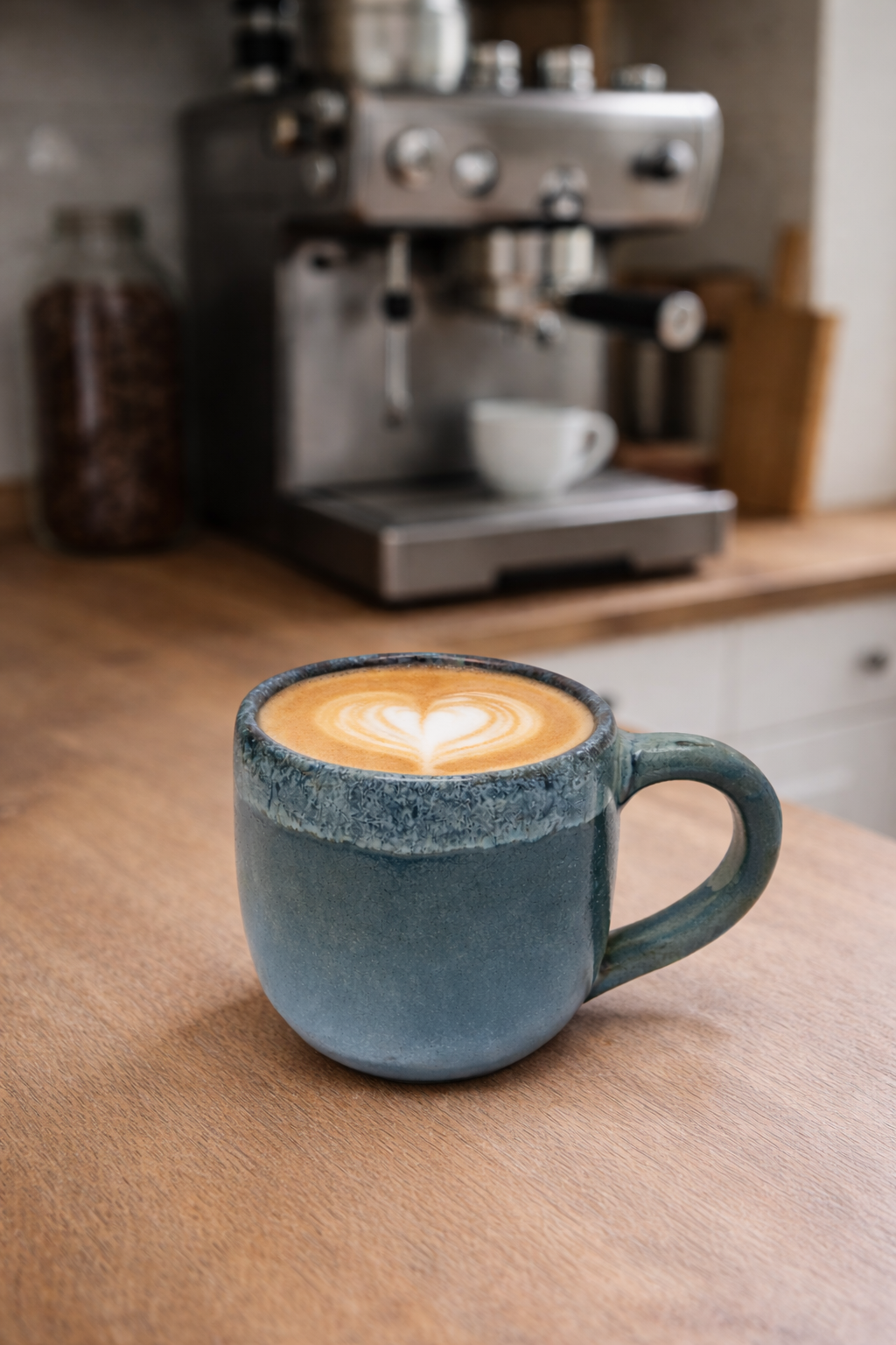 Blue ceramic mug with a heart-shaped latte art on a wooden surface, with a coffee machine in the background.