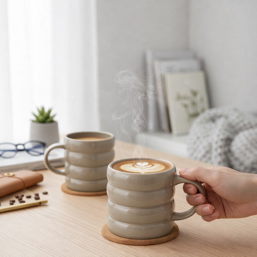 Person holding a steaming mug of coffee on a desk with a cozy home setting.