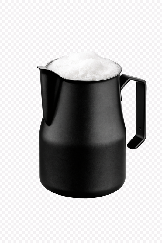 Black milk pitcher with frothed milk on a transparent background