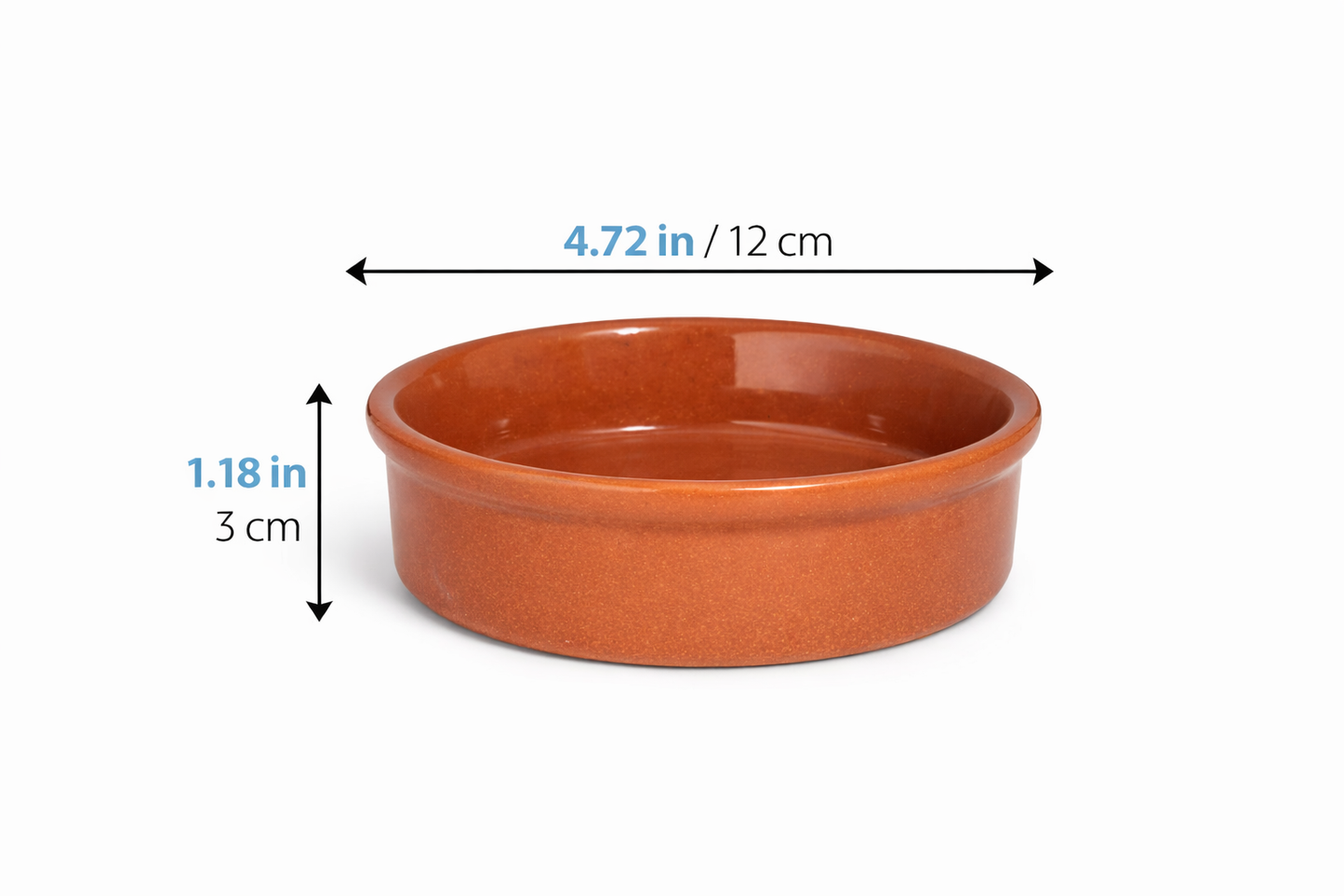 Ceramic dish with dimensions labeled on a white background