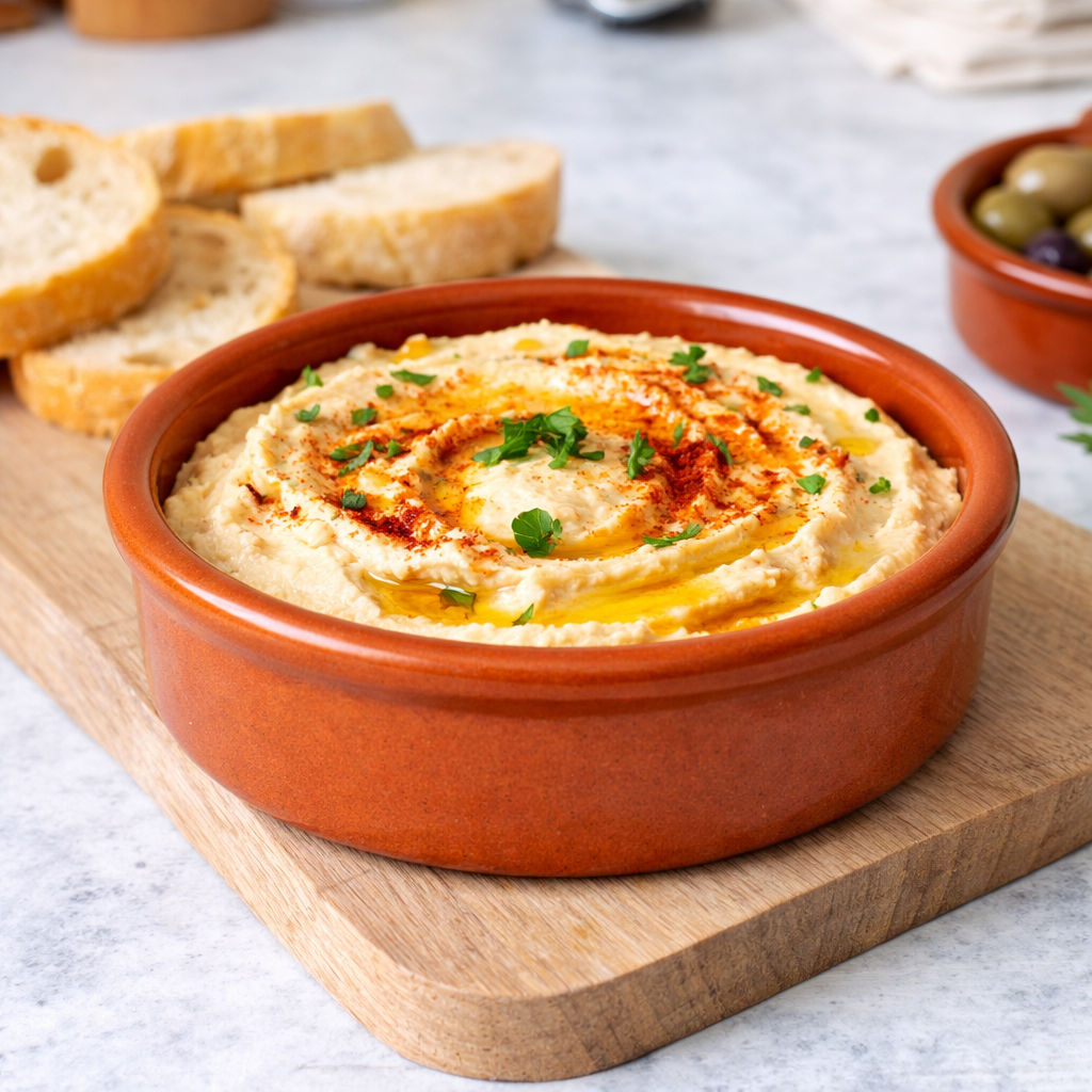 Hummus in a terracotta bowl on a wooden board with bread slices and olives in the background.