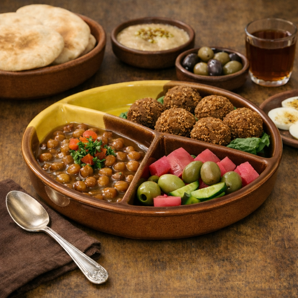 Ceramic dish with falafel, hummus, and vegetables on a wooden table.