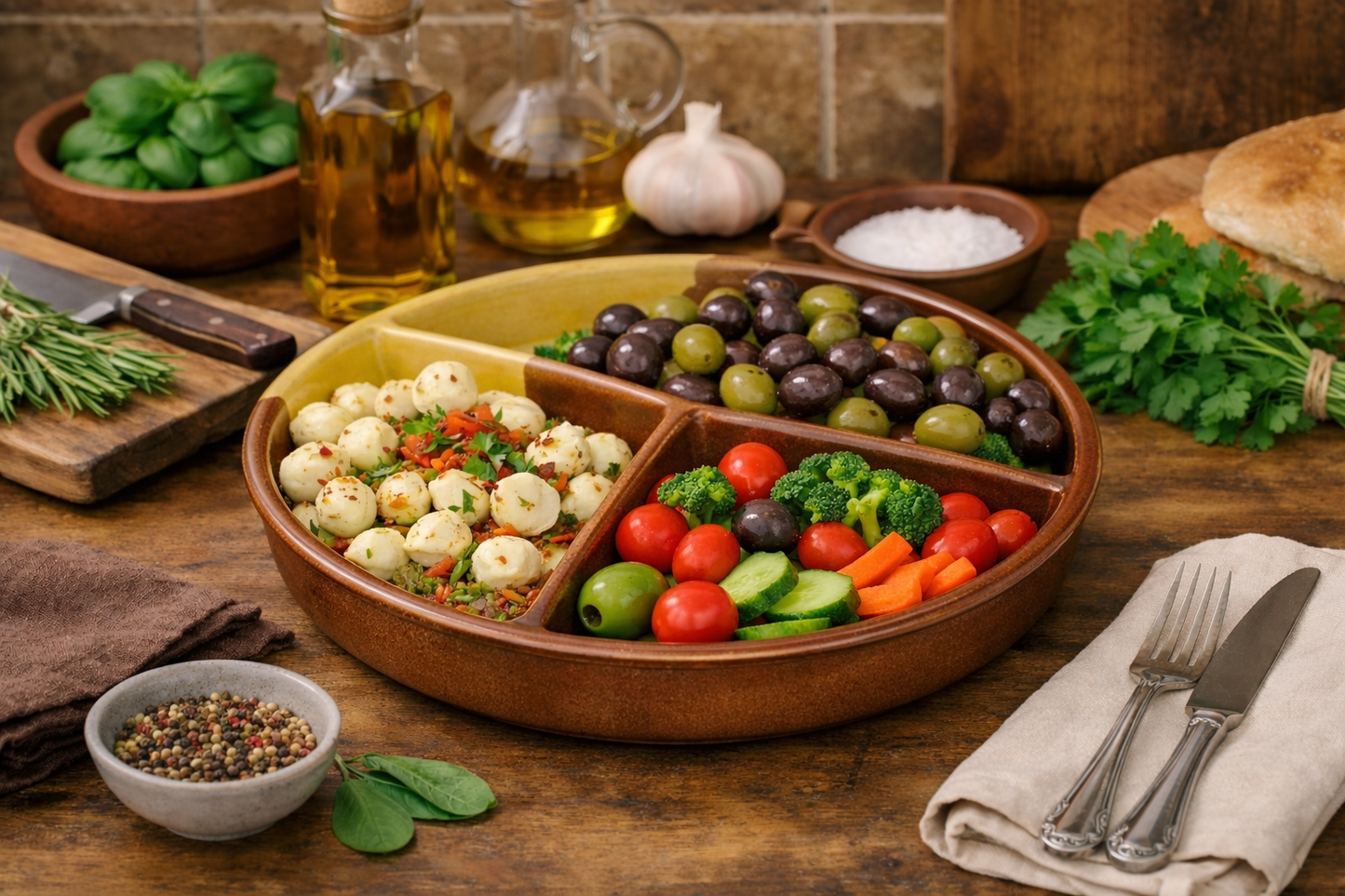 Ceramic platter with assorted vegetables and a bowl of olives on a wooden table.