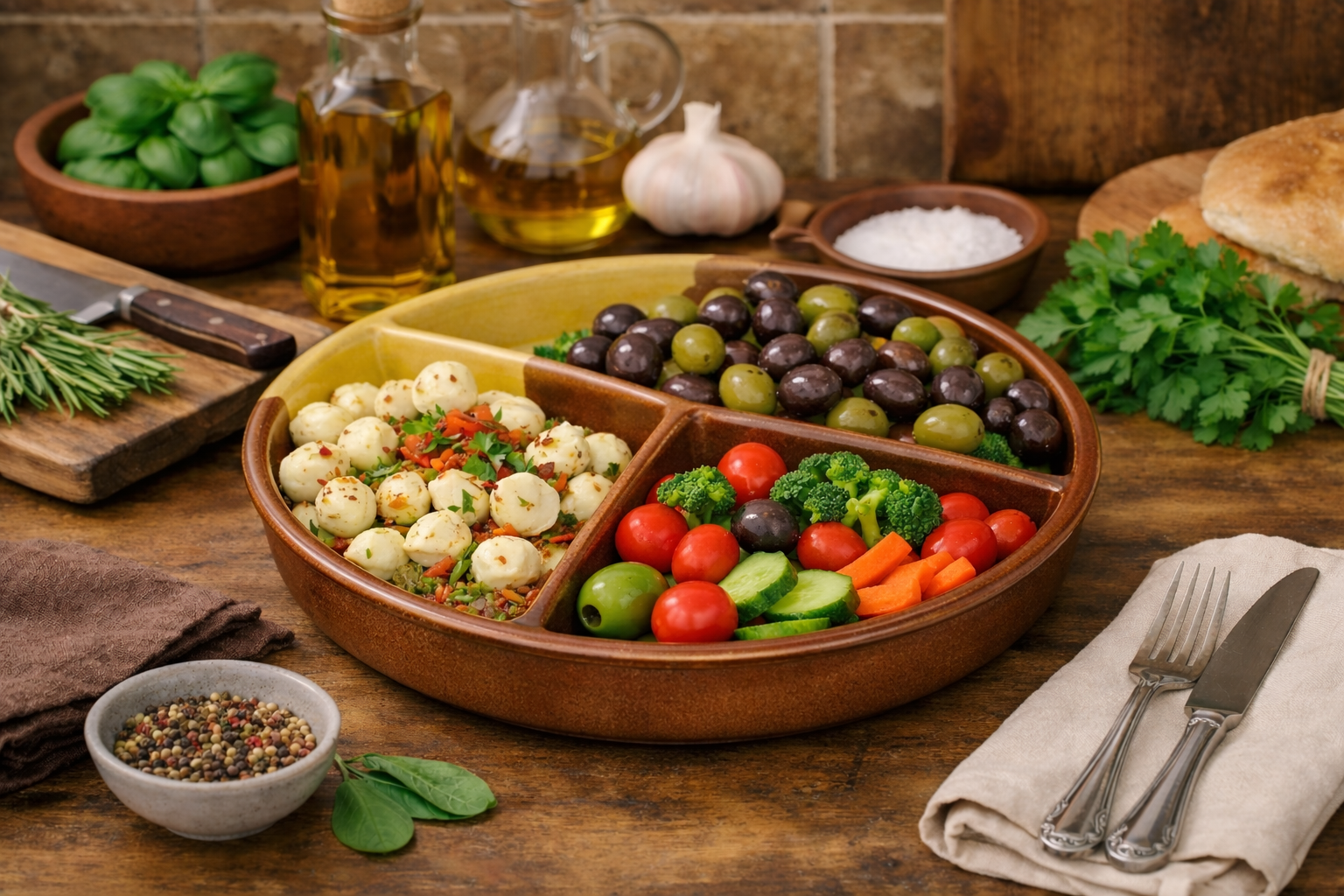 Ceramic platter with assorted vegetables and a bowl of olives on a wooden table.