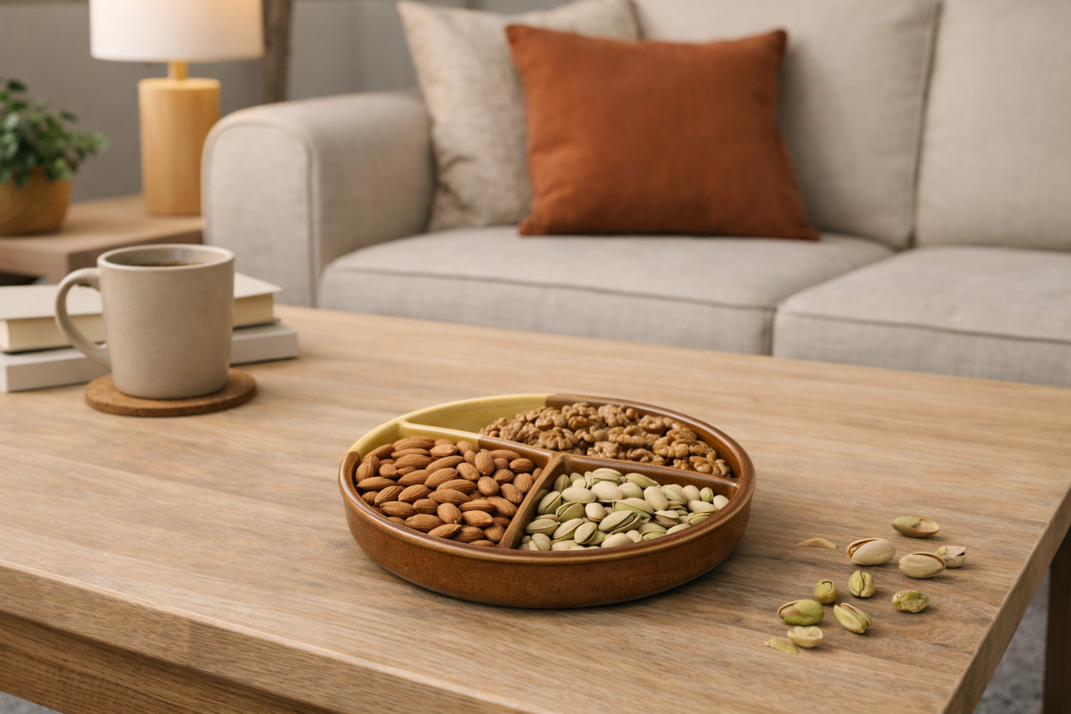 Nuts in a divided bowl on a wooden table with a cozy living room background