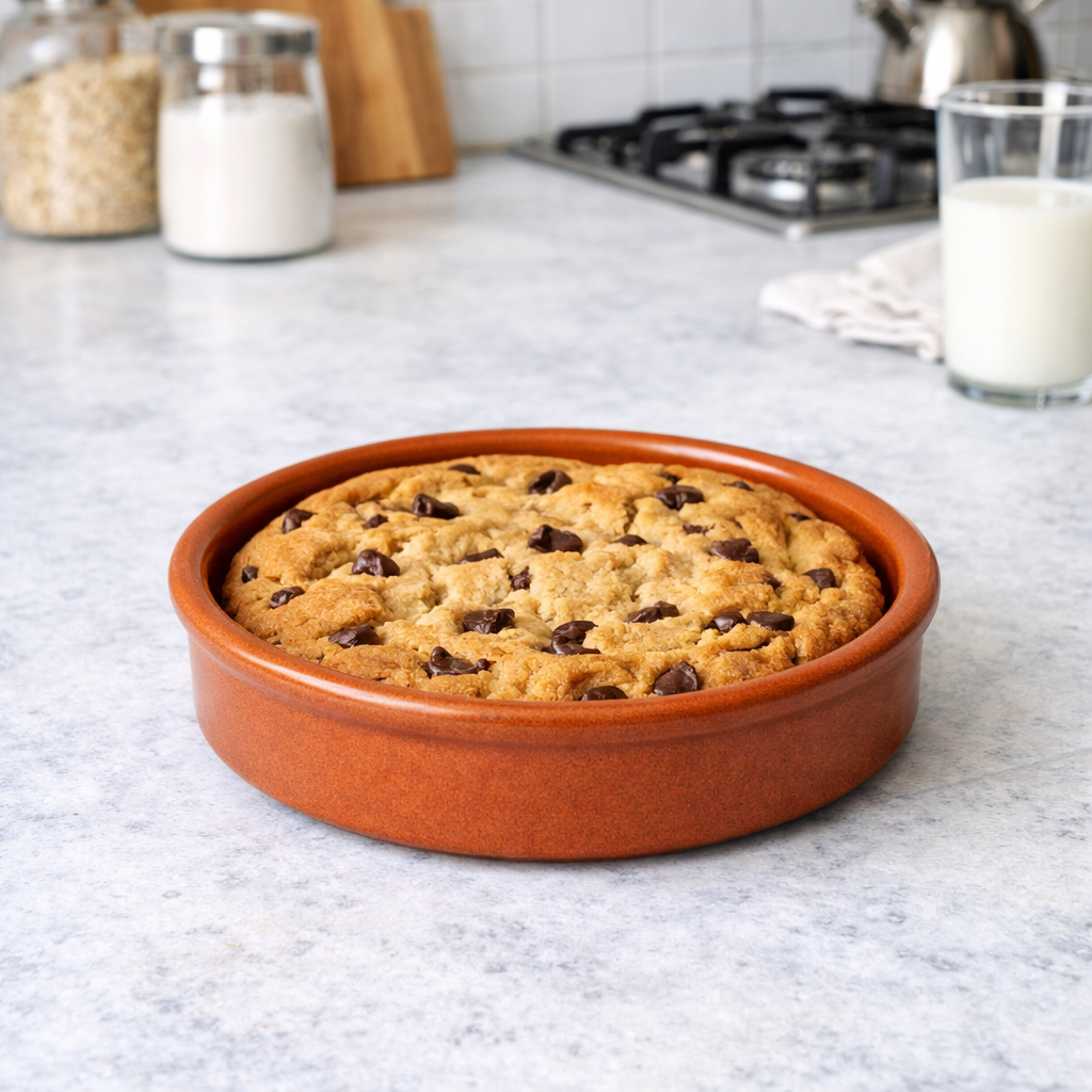 Chocolate chip cookie in a terracotta dish on a kitchen counter with a glass of milk.