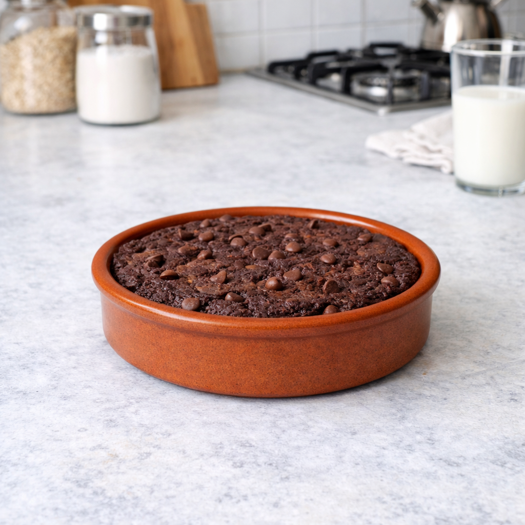 Chocolate cake in a round brown baking dish on a kitchen counter with ingredients in the background.