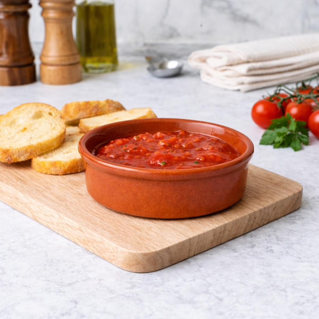 Bowl of red sauce on a wooden board with bread slices and tomatoes in the background