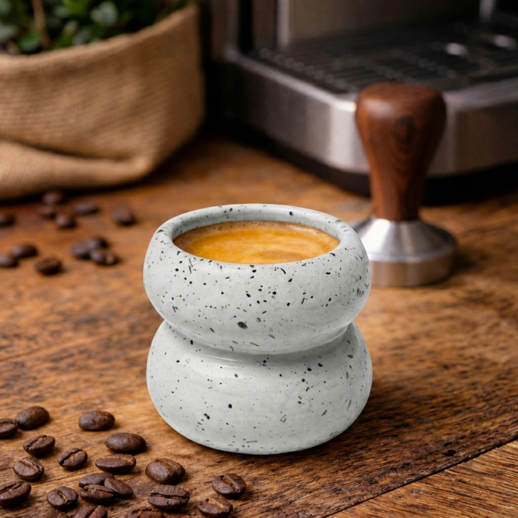 Small speckled ceramic container with coffee on a wooden surface with coffee beans and a coffee press in the background.