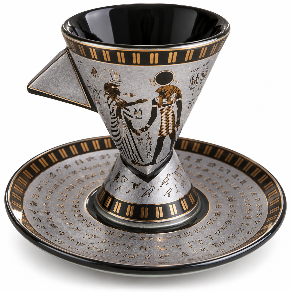 An ornate Egyptian-themed ceramic pour-over coffee set consisting of a conical dripper and a matching saucer. The pieces feature a metallic silver-gray body decorated with gold-toned hieroglyphs, birds, and figures, and a glossy black interior and rim.