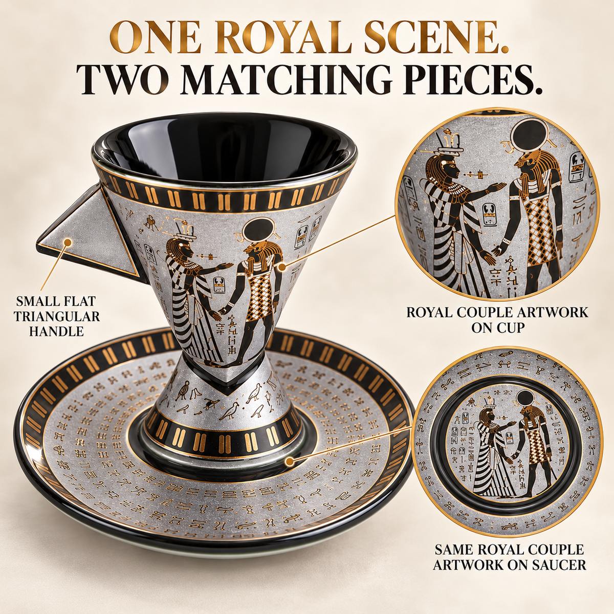 Egyptian-style ceramic cup and saucer set with hand-painted royal couple artwork, black and gold detailing, and calligraphic patterns on a beige background with explanatory callouts.