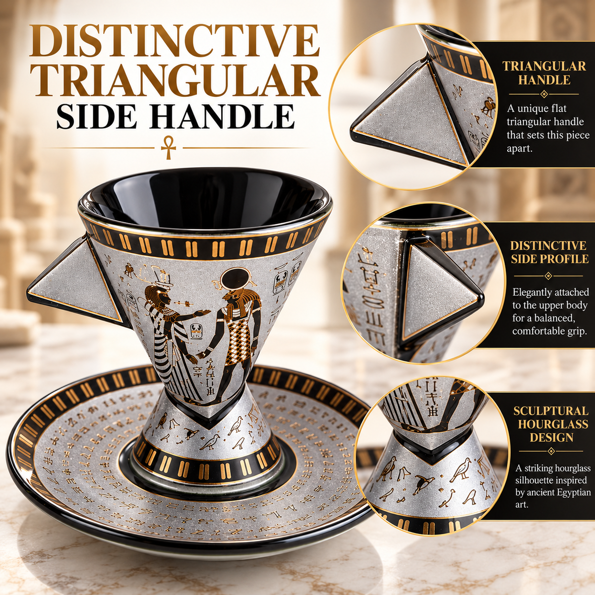 Egyptian-style hourglass coffee dripper and matching saucer set with a triangular side handle, shown on a marble surface with feature callout circles and text overlays.