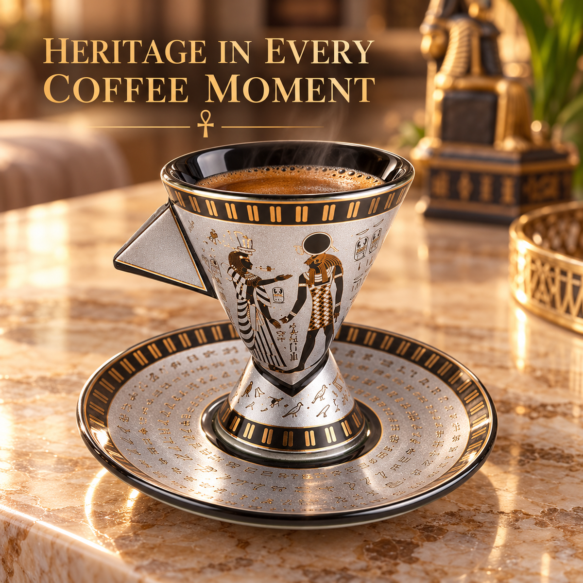 A traditional conical coffee dripper filled with espresso sits on a matching saucer on a polished stone table. The dripper and saucer are decorated with black and gold hieroglyphic-style illustrations and text.