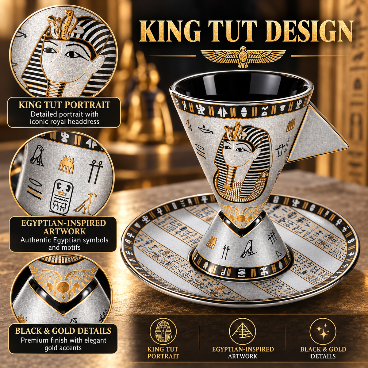 Egyptian Heritage Porcelain Espresso Cup & Saucer – King Tut – 70 ml