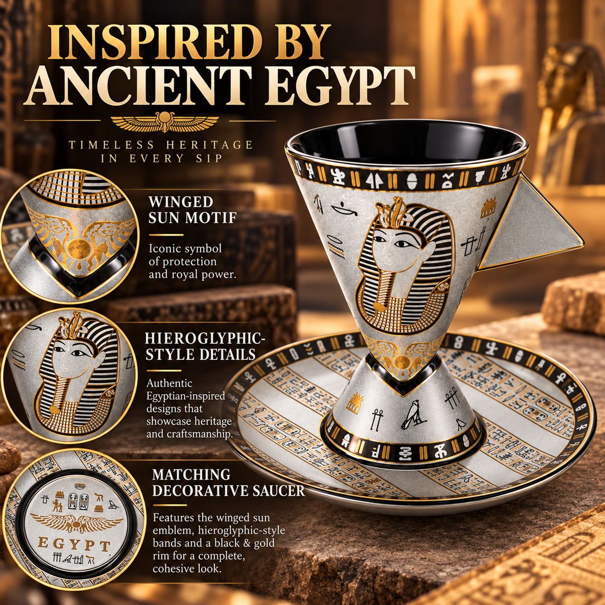 Egyptian-inspired ceramic cup and saucer set with hieroglyphic designs, a pharaoh motif, and winged sun emblem, shown on a wooden surface with promotional text callouts.