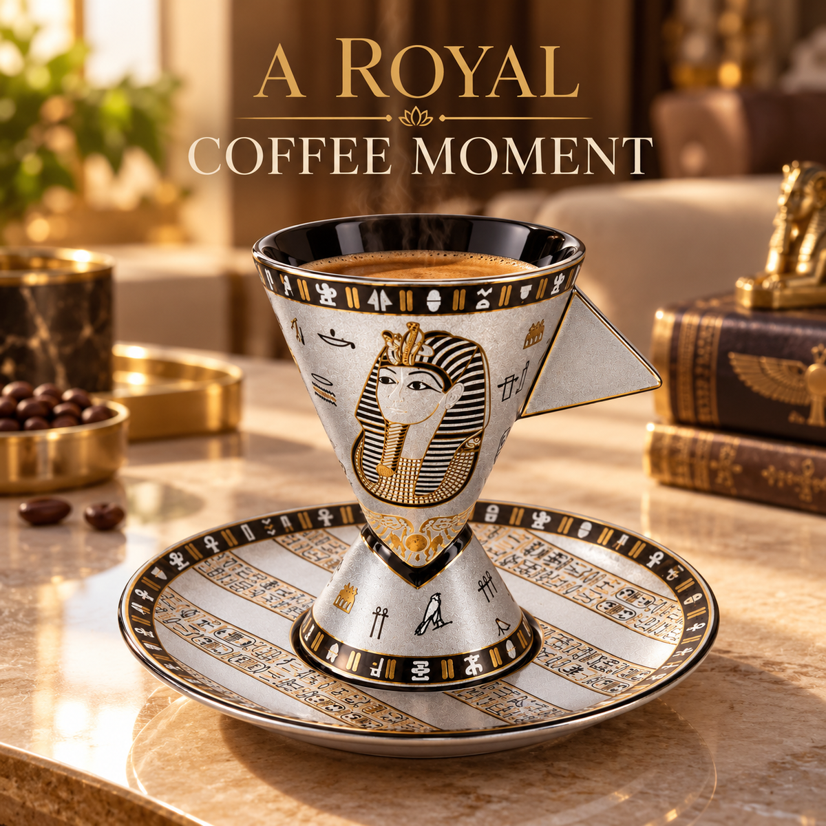 An ornate Egyptian-themed coffee cup and saucer set on a marble surface, filled with coffee. The cup features a pharaoh design with hieroglyphic details, and the saucer has striped bands with cartouche motifs.