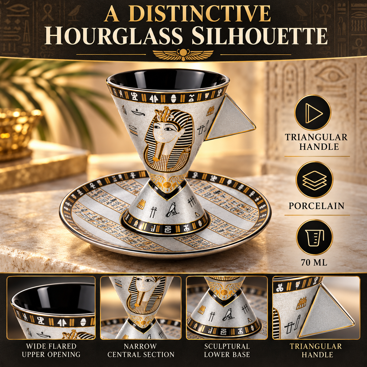 Egyptian-themed hourglass-shaped porcelain cup and saucer set with gold hieroglyphic patterns and a pharaoh design, shown on a stone surface with feature callouts and detail insets.