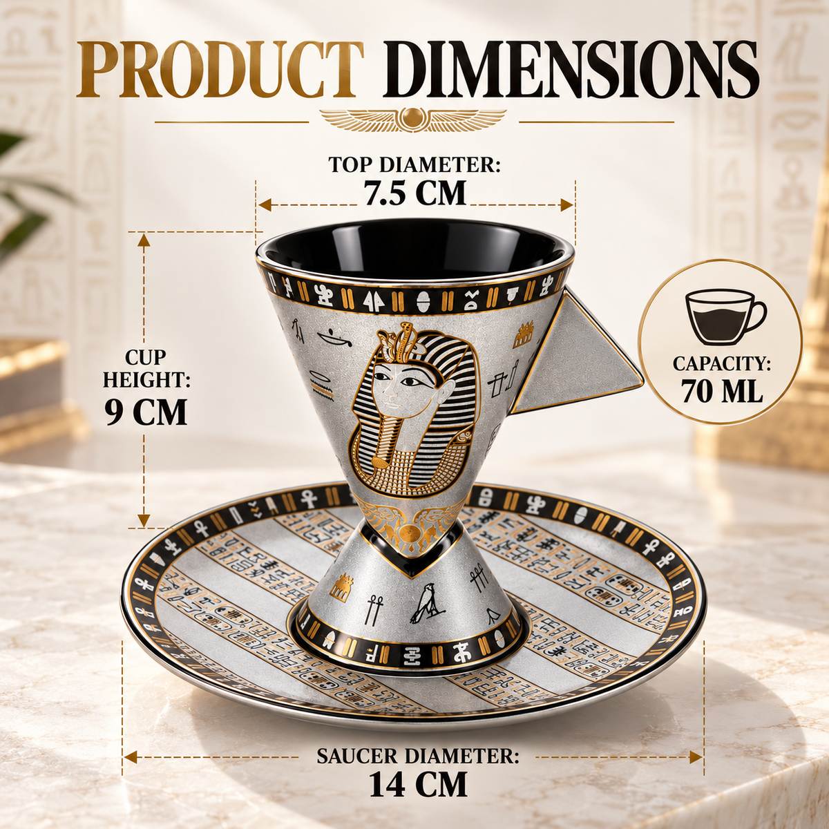 Egyptian Heritage Porcelain Espresso Cup & Saucer – King Tut – 70 ml