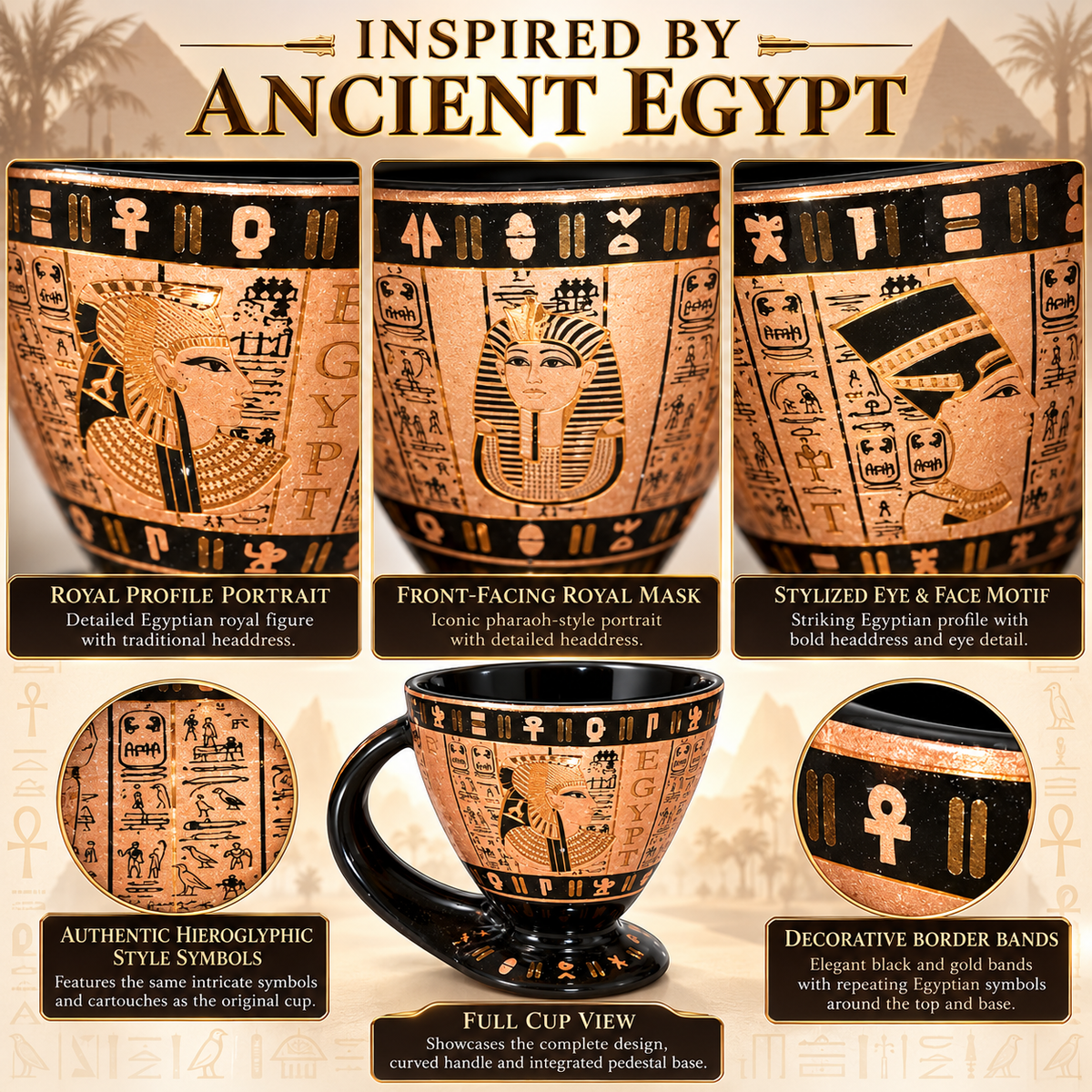 Egyptian-Inspired Porcelain Espresso Cup with Integrated Base – 100 ml -  Egyptian King & Queens - Black & Bronze