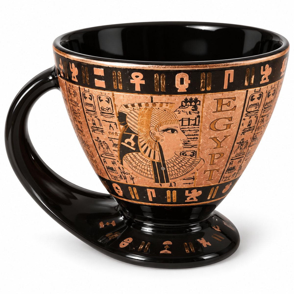 An Egyptian-themed ceramic cup with a glossy black interior, handle, and base, decorated with a detailed copper-toned relief featuring hieroglyphs, a pharaoh's face, and the word 'EGYPT'.