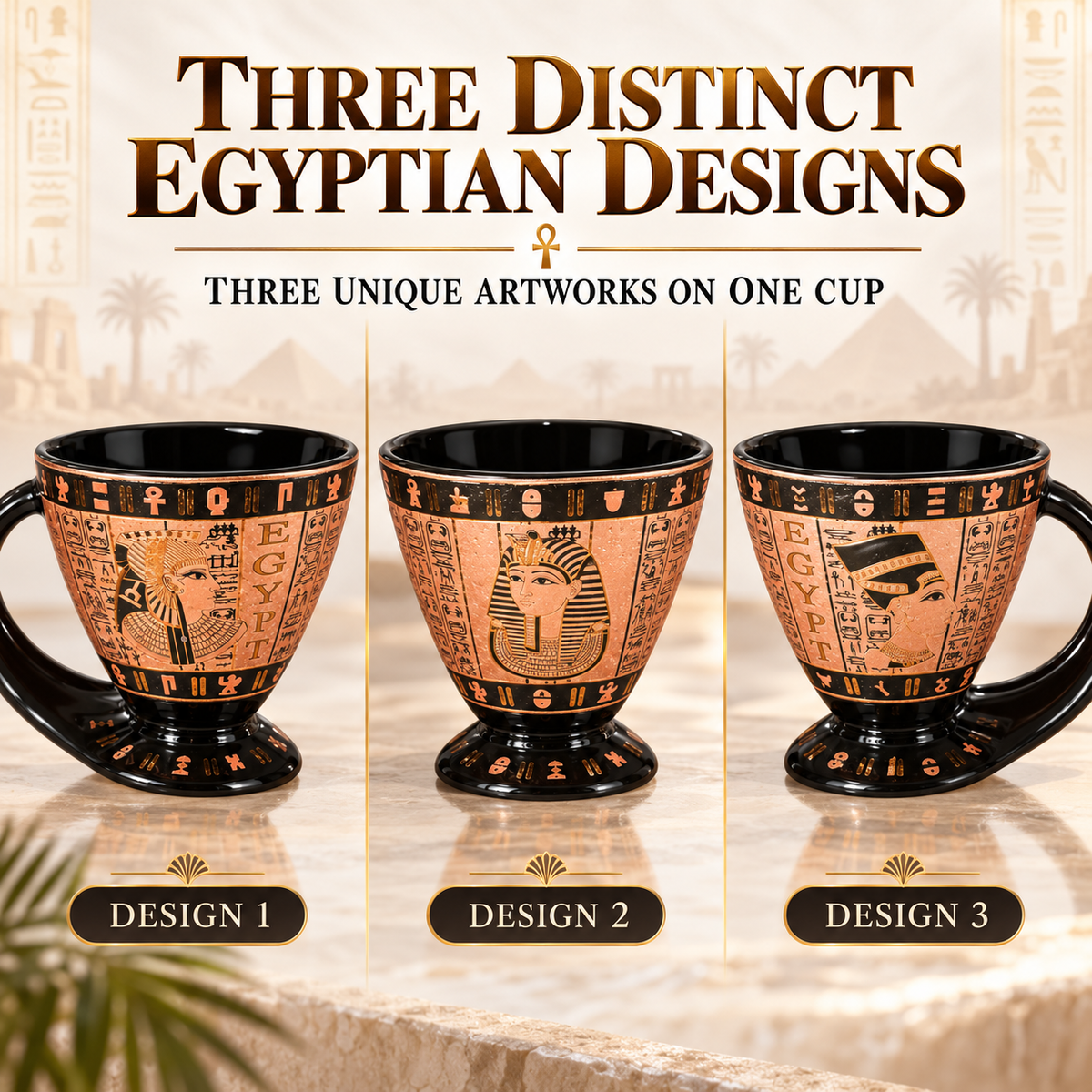Three black and terracotta-colored Egyptian-themed cups labeled Design 1, Design 2, and Design 3, shown side by side under the text 'THREE DISTINCT EGYPTIAN DESIGNS' on a beige background with hieroglyphic graphics.