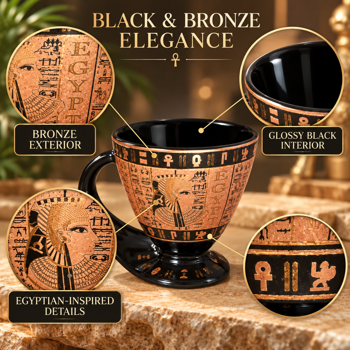 Egyptian-Inspired Porcelain Espresso Cup with Integrated Base – 100 ml -  Egyptian King & Queens - Black & Bronze