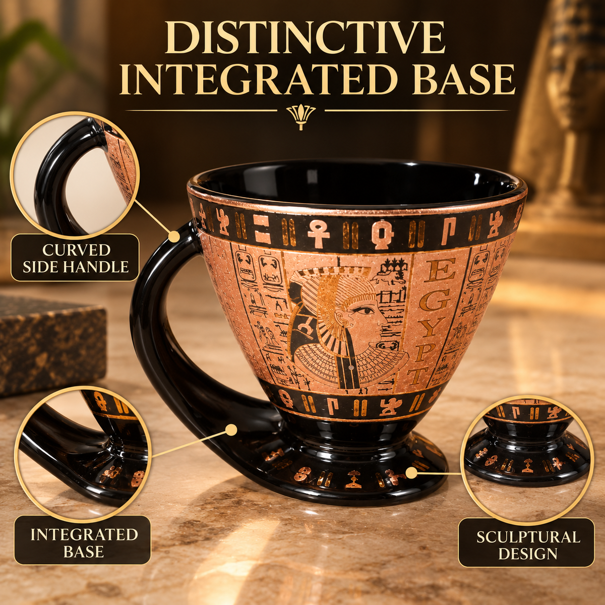Egyptian-themed black and gold ceramic cup with integrated sculptural base, featuring hieroglyphic symbols and a pharaoh design, shown with circular detail callouts on a polished stone surface.