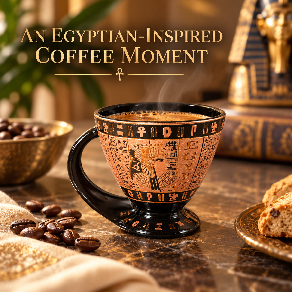 Egyptian-Inspired Porcelain Espresso Cup with Integrated Base – 100 ml -  Egyptian King & Queens - Black & Bronze