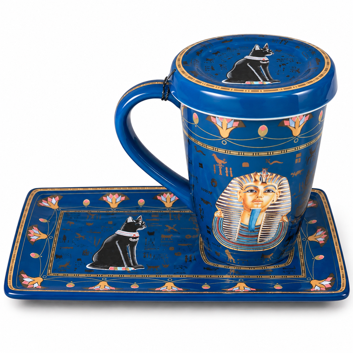 Egyptian Porcelain Mug with Lid & Rectangular Tray – 200 ml – King Tut & Bastet – Royal Blue