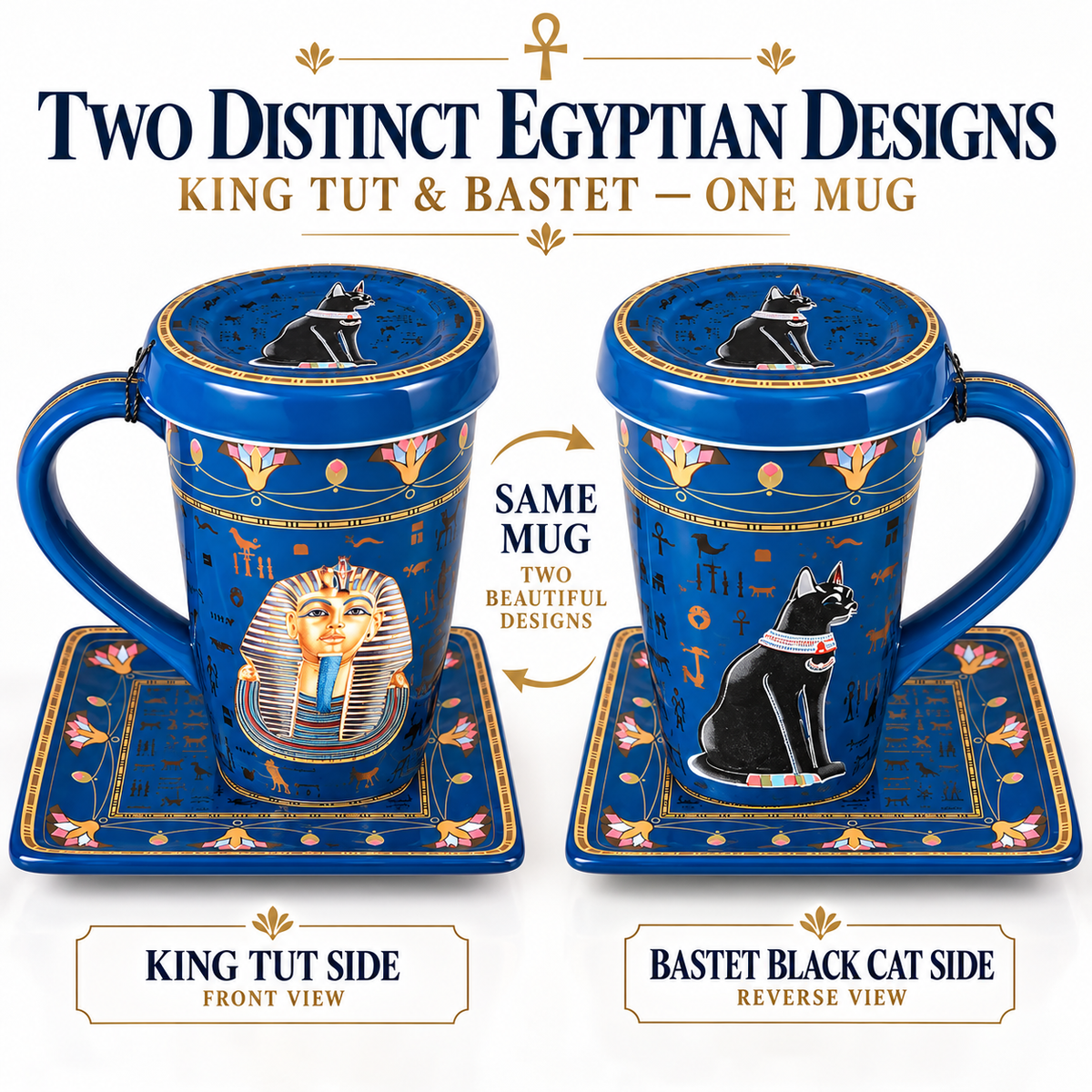 A promotional product graphic showing a single blue ceramic mug with lid and matching square coaster, presented in two decorative Egyptian-themed views labeled King Tut Side and Bastet Black Cat Side. The mug and coaster are deep cobalt blue with gold linework, a black cat illustration, and a pharaoh portrait on one side; the other side shows a black cat.