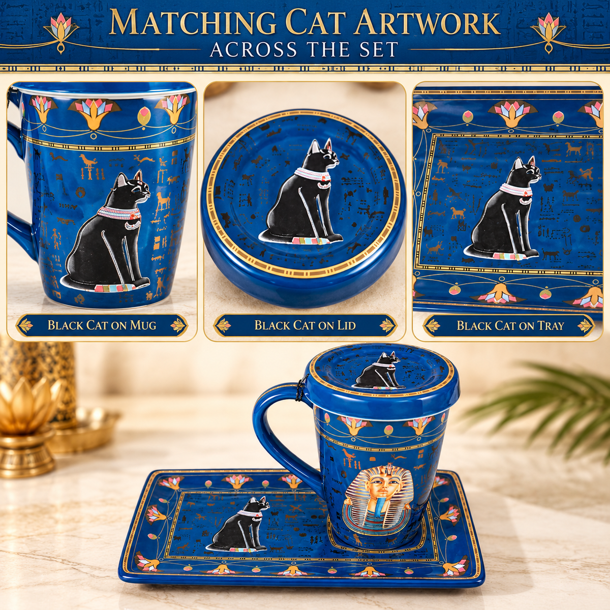 Egyptian Porcelain Mug with Lid & Rectangular Tray – 200 ml – King Tut & Bastet – Royal Blue