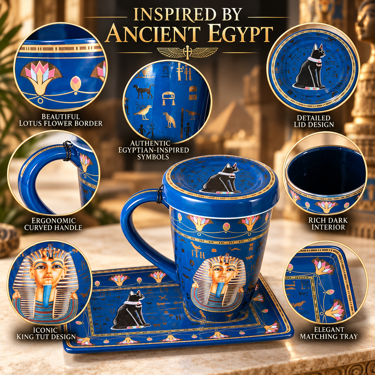 Egyptian Porcelain Mug with Lid & Rectangular Tray – 200 ml – King Tut & Bastet – Royal Blue