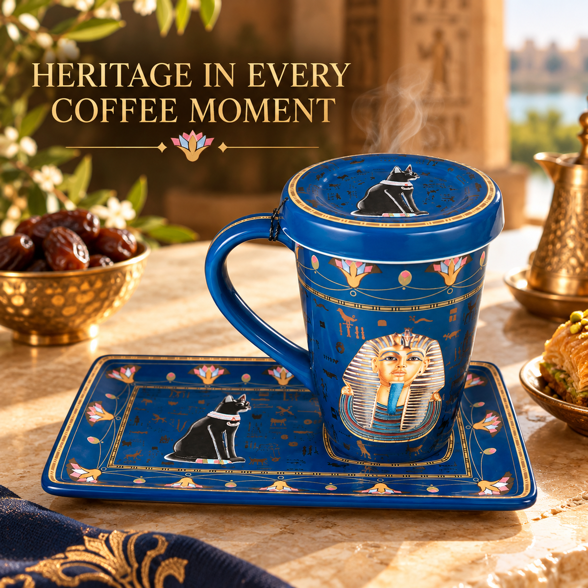 A royal blue ceramic coffee mug with a matching saucer, decorated with gold and black Egyptian-themed illustrations including a cat and a pharaoh portrait. The mug is shown on a table with steam rising, surrounded by food and a teapot in a warm, styled setting.