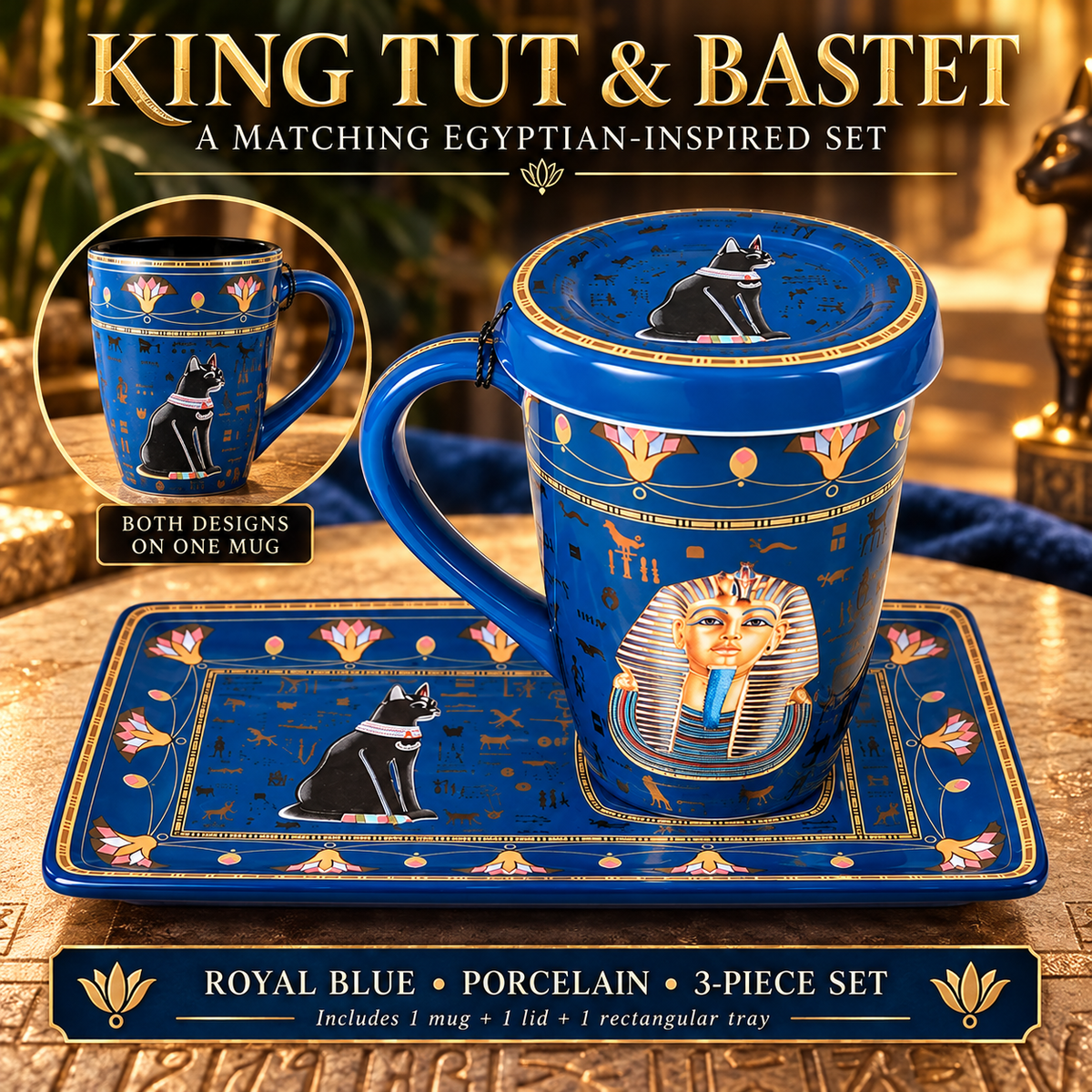 Egyptian Porcelain Mug with Lid & Rectangular Tray – 200 ml – King Tut & Bastet – Royal Blue