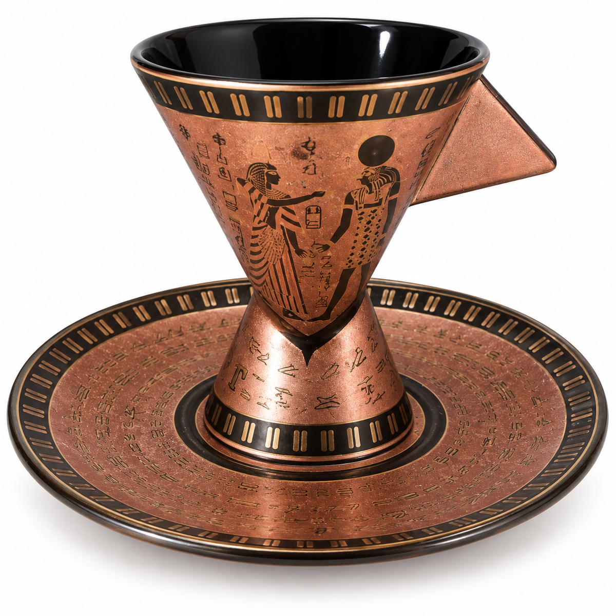 An Egyptian-themed copper pour-over coffee set featuring a conical filter basket with hand-painted black hieroglyphs and a matching saucer, photographed on a clean white background.