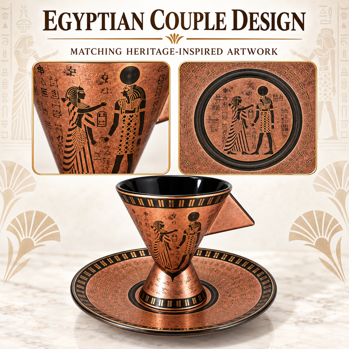 Egyptian-inspired couple set featuring a copper-toned cone-shaped cup with a matching saucer, both decorated with black hieroglyphic patterns and figures. Two inset close-ups show detailed artwork on the cup and a matching square coaster.