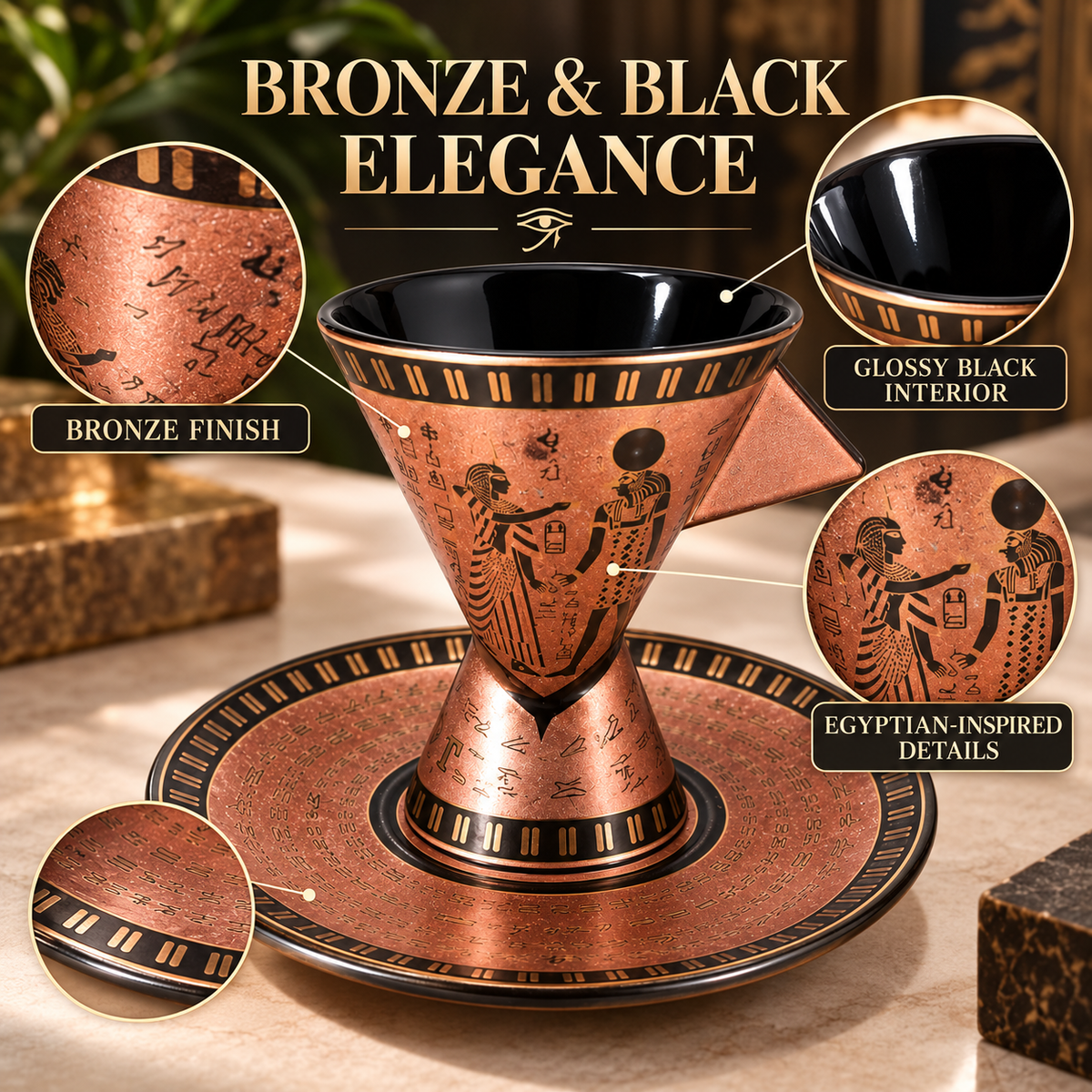 Egyptian Heritage Porcelain Espresso Cup & Saucer – Egyptian Couple – Bronze – 70 ml