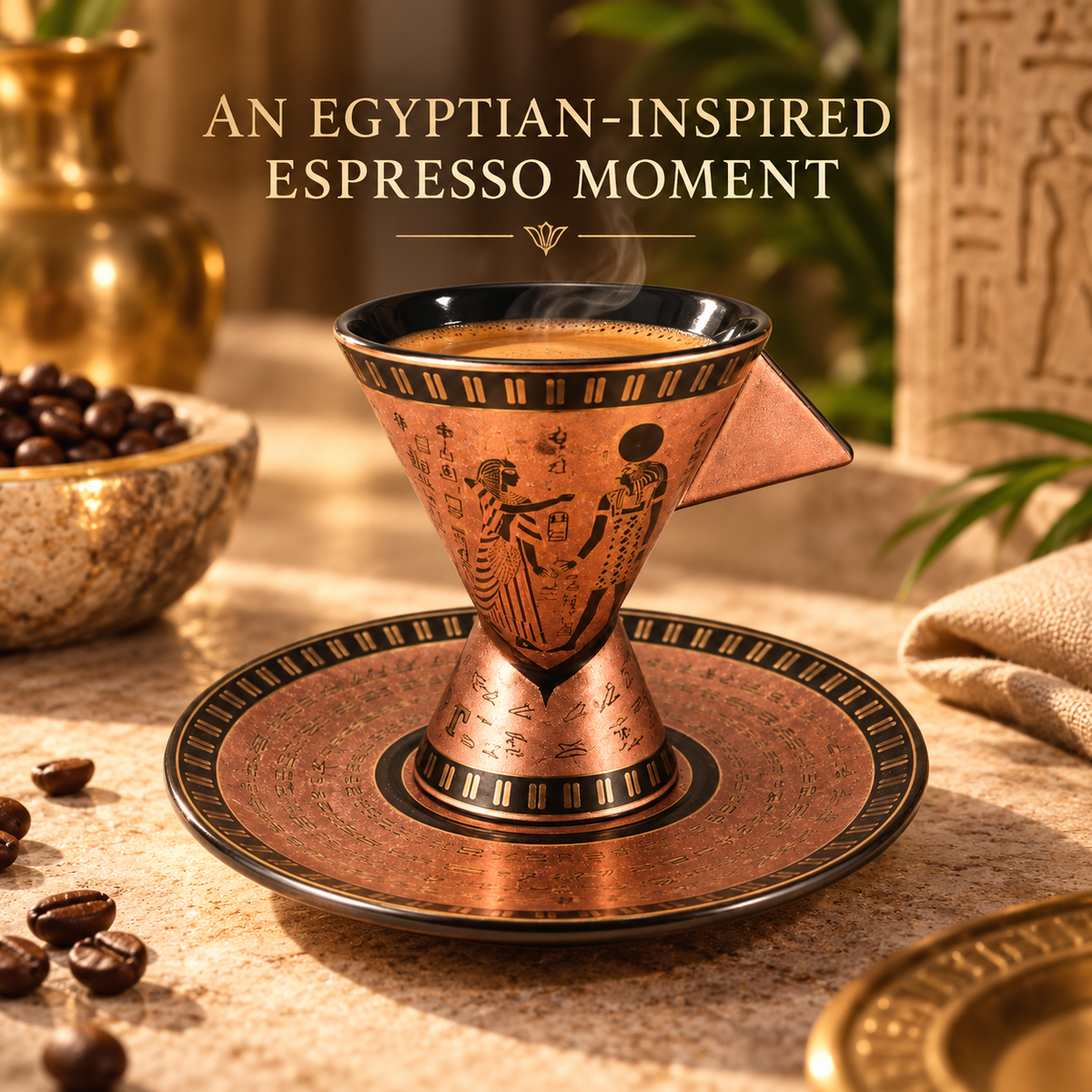 An Egyptian-inspired copper coffee dripper on a matching saucer, filled with espresso and set on a stone surface with coffee beans, a gold-toned vase, and hieroglyphic decor in the background. Text at the top reads: 'AN EGYPTIAN-INSPIRED ESPRESSO MOMENT'.