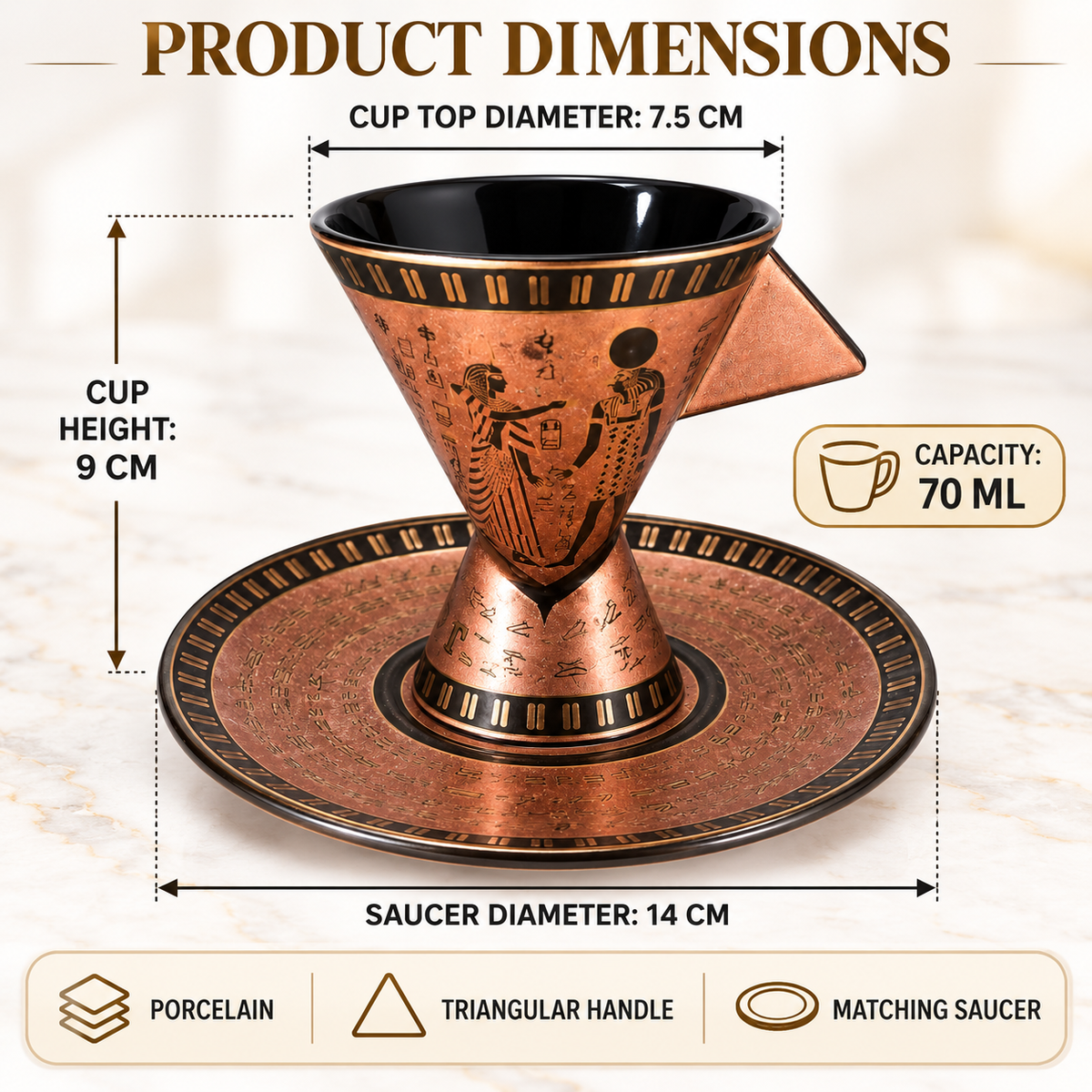 Product dimensions diagram for a copper pour-over coffee maker with a matching saucer, showing cup top diameter 7.5 cm, cup height 9 cm, capacity 70 ml, and saucer diameter 14 cm on a light marble background.