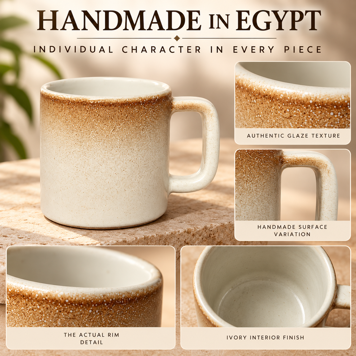Handmade Egyptian Pottery Mug – Sand Brown & Ivory – 200 ml