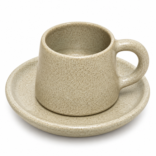 Handmade Egyptian Pottery Espresso Cup & Saucer – Speckled Stone Beige – 80 ml