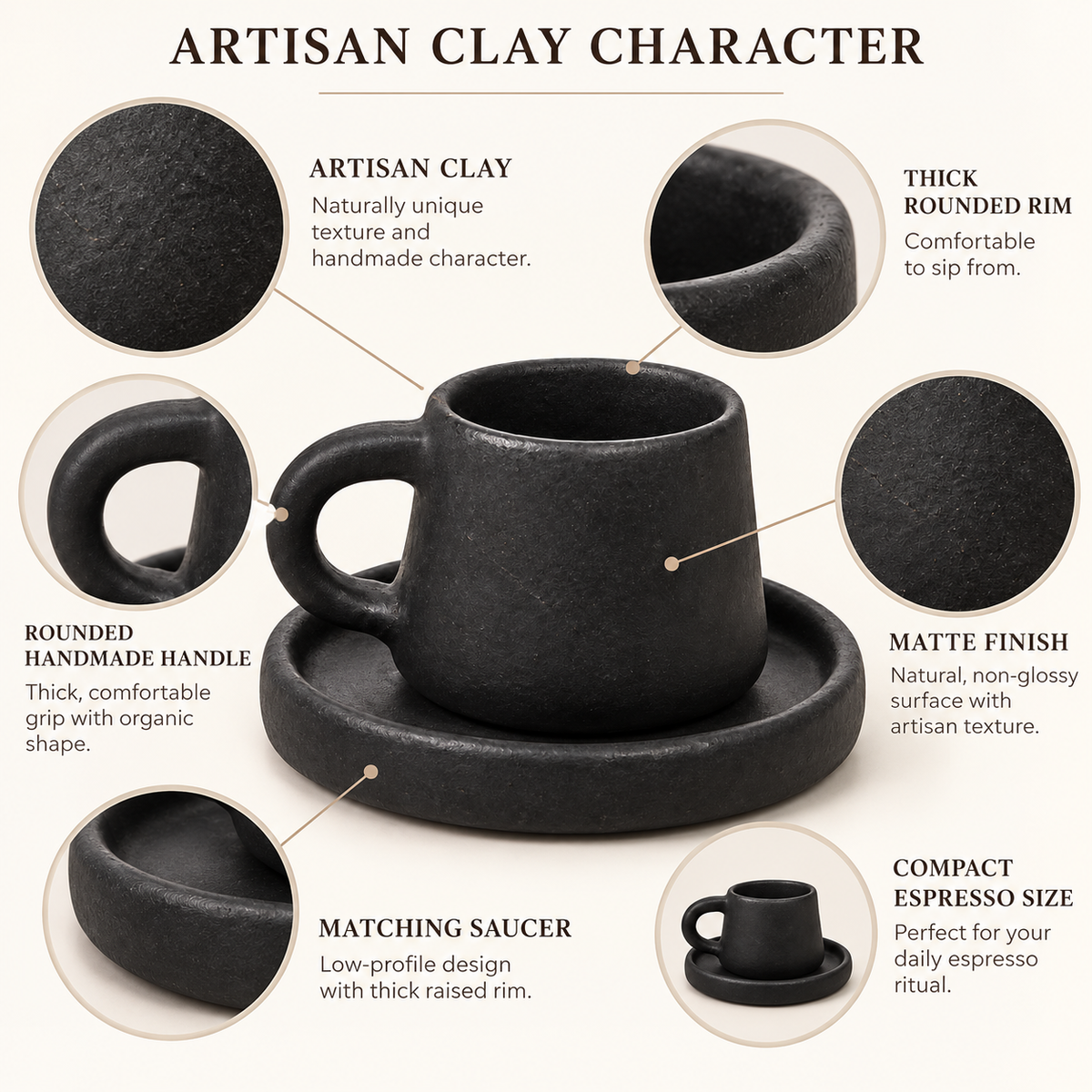 TMH Handmade Artisan Ceramic Coffee Cup with saucer - Black - 60 ml