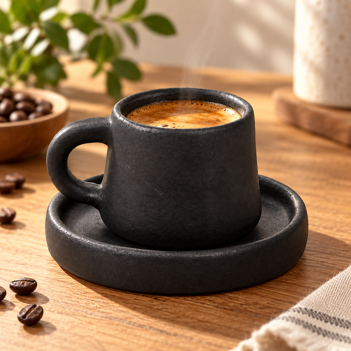 A matte black ceramic espresso cup with a matching saucer, filled with steaming coffee, set on a wooden table with coffee beans and a plant in the background.