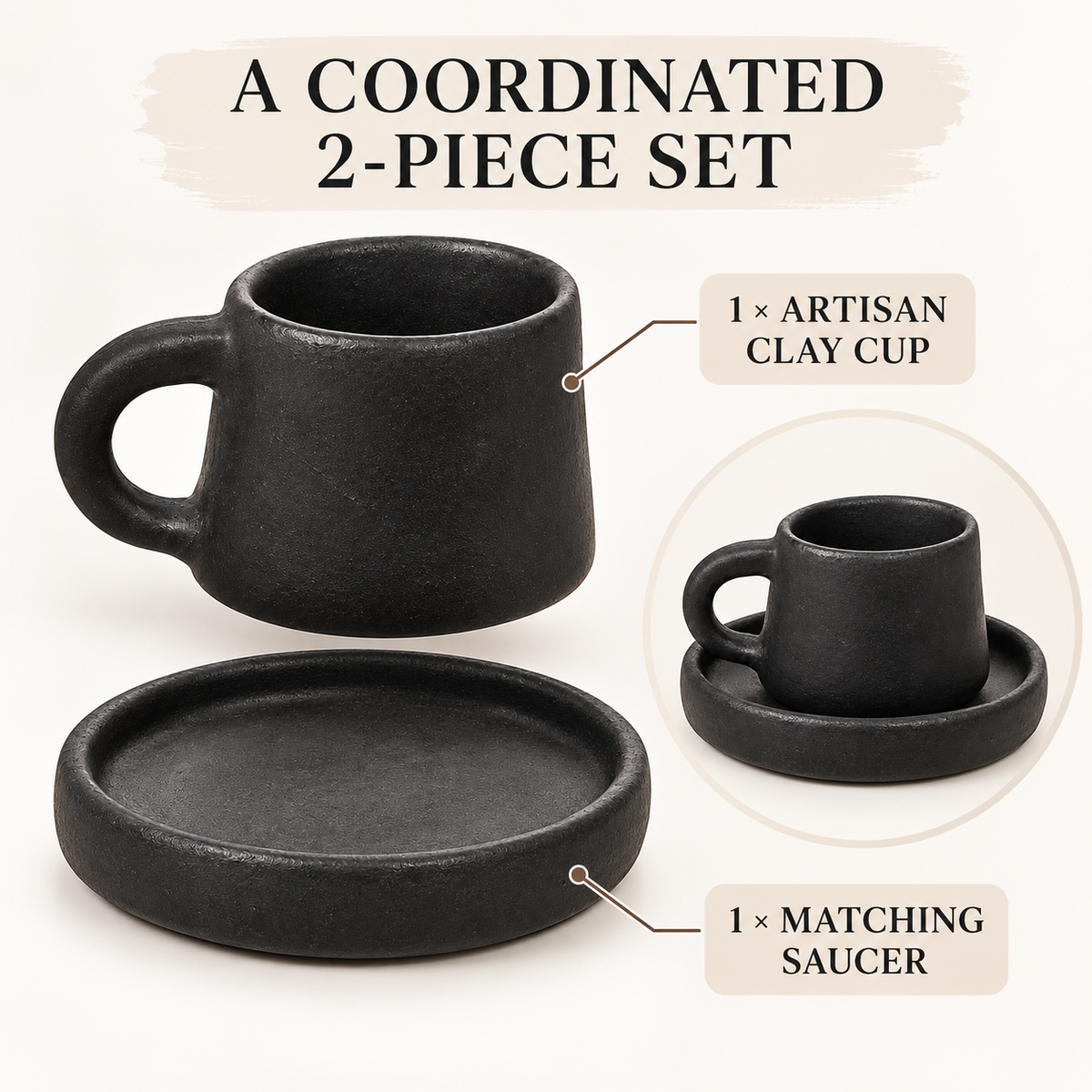 A coordinated 2-piece set featuring a matte black clay cup and matching saucer, shown on a light beige background with text labels and callouts.