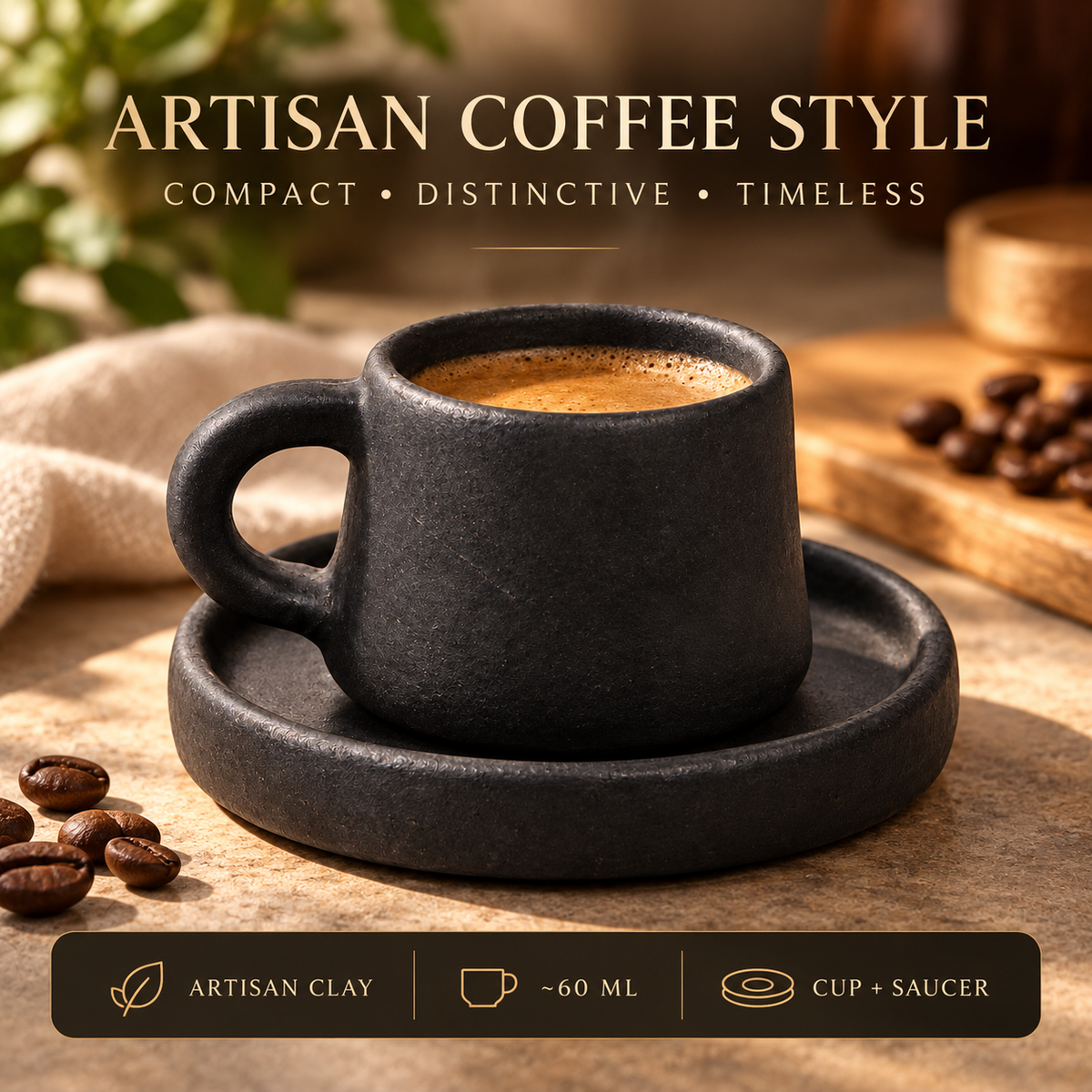 A dark charcoal gray ceramic espresso cup with a matching saucer, filled with coffee, set on a wooden table with coffee beans and a textured cloth. Text overlays read 'ARTISAN COFFEE STYLE' and 'ARTISAN CLAY - ~60 ML - CUP + SAUCER'.