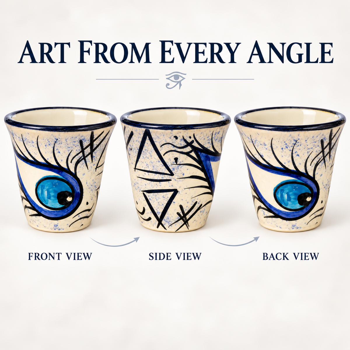 Three ceramic cups shown on a light background with the text 'ART FROM EVERY ANGLE' and labels 'FRONT VIEW', 'SIDE VIEW', and 'BACK VIEW'. The cups feature a cream base with blue and black abstract eye and geometric artwork.