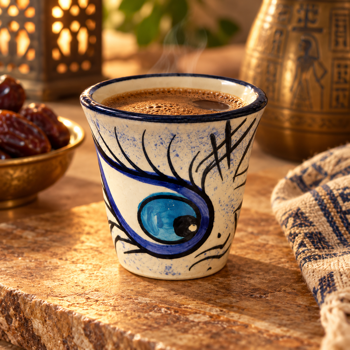 A ceramic coffee cup with a hand-painted blue and black eye design, filled with steaming coffee on a rustic stone table with a woven napkin and decorative lanterns in the background.
