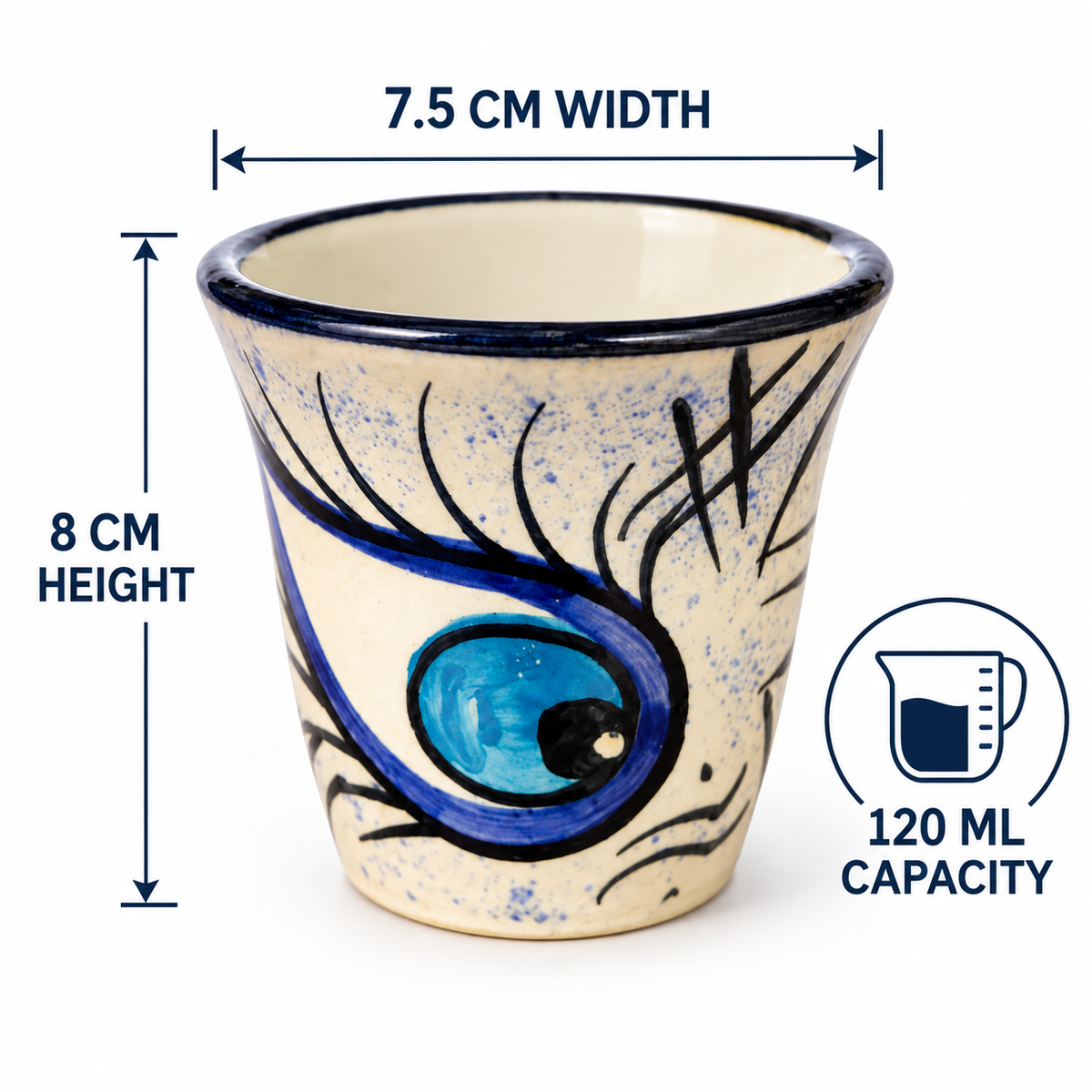 A ceramic eye-shaped cup or tumbler with dimension labels showing 7.5 cm width, 8 cm height, and 120 ml capacity, on a white background.