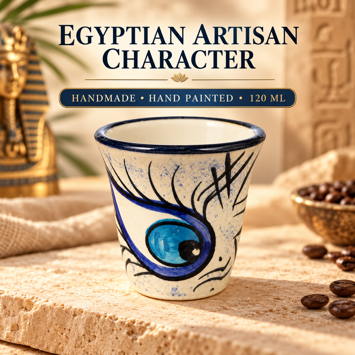 A 120 ml ceramic cup with a blue and black stylized eye design on a cream background, styled on a stone surface with coffee beans and Egyptian-themed props. Text overlay reads 'EGYPTIAN ARTISAN CHARACTER' and 'HANDMADE • HAND PAINTED • 120 ML'.