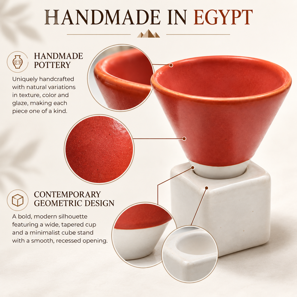 A red glazed ceramic cup with a tapered conical bowl and a minimalist cube stand, shown on a light beige background with marketing text and circular detail insets. The text reads 'HANDMADE IN EGYPT' and highlights handmade pottery and contemporary geometric design.